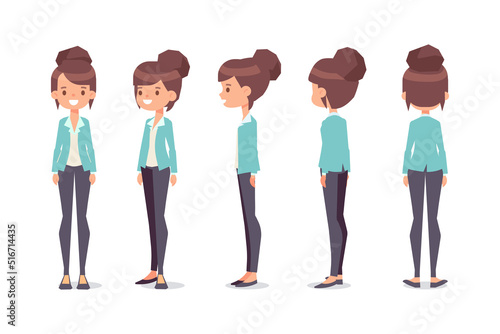 Girl, Woman front, side, back view flat vector character for animation. Separate body parts.