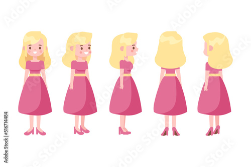 Girl, Woman front, side, back, 3-4 view flat vector character for animation. Separate body parts.