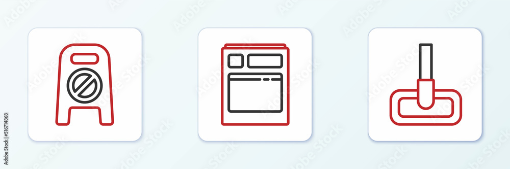Set line Mop, Wet floor and cleaning in progress and Kitchen dishwasher machine icon. Vector Set line Mop, Wet floor and cleaning in progress and Kitchen dishwasher machine icon. Vector