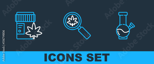 Set line Glass bong for smoking marijuana, Medical bottle with and Magnifying glass and icon. Vector