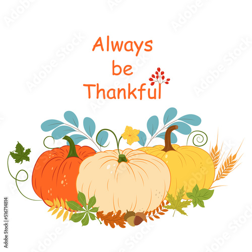 Card with pumpkin. Thankful card. Vector flat illustration 