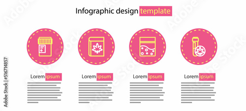 Set line Plastic bag of cannabis, Chemical test tube with marijuana, Book and or and Medical bottle icon. Vector