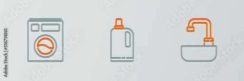 Set line Washbasin with water tap, Washer and Fabric softener icon. Vector