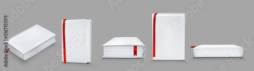 Photography Mockup of blank paper books with white cover and red ribbon bookmark