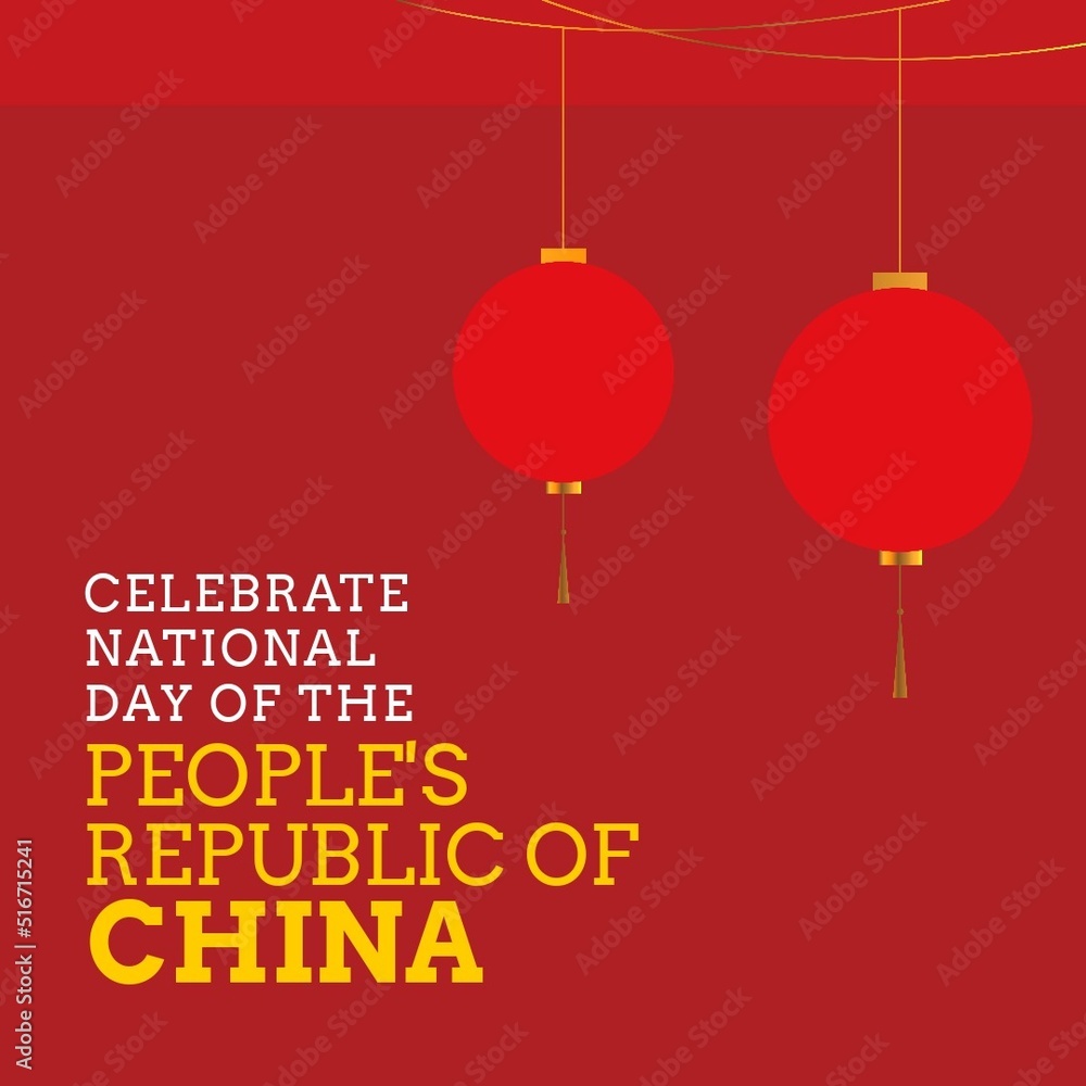 Square image of china independence day text with china lanterns over red background