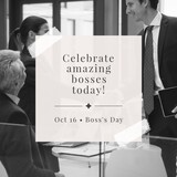 Image of celebrate boss day over caucasian businessman and coworkers