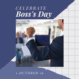 Image of celebrate boss day over midsection of caucasian businessman gesturing success