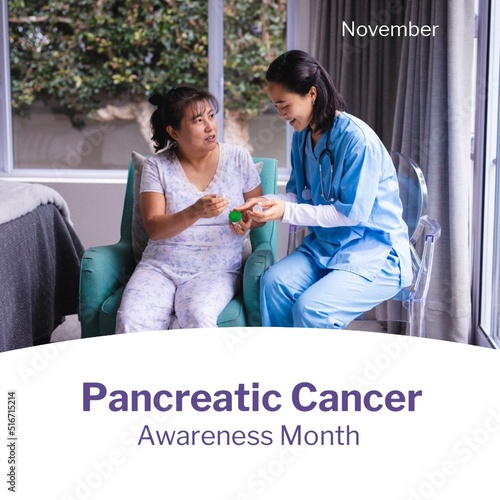 Square image of pancreatic cancer awareness month text with doctor and patient photo