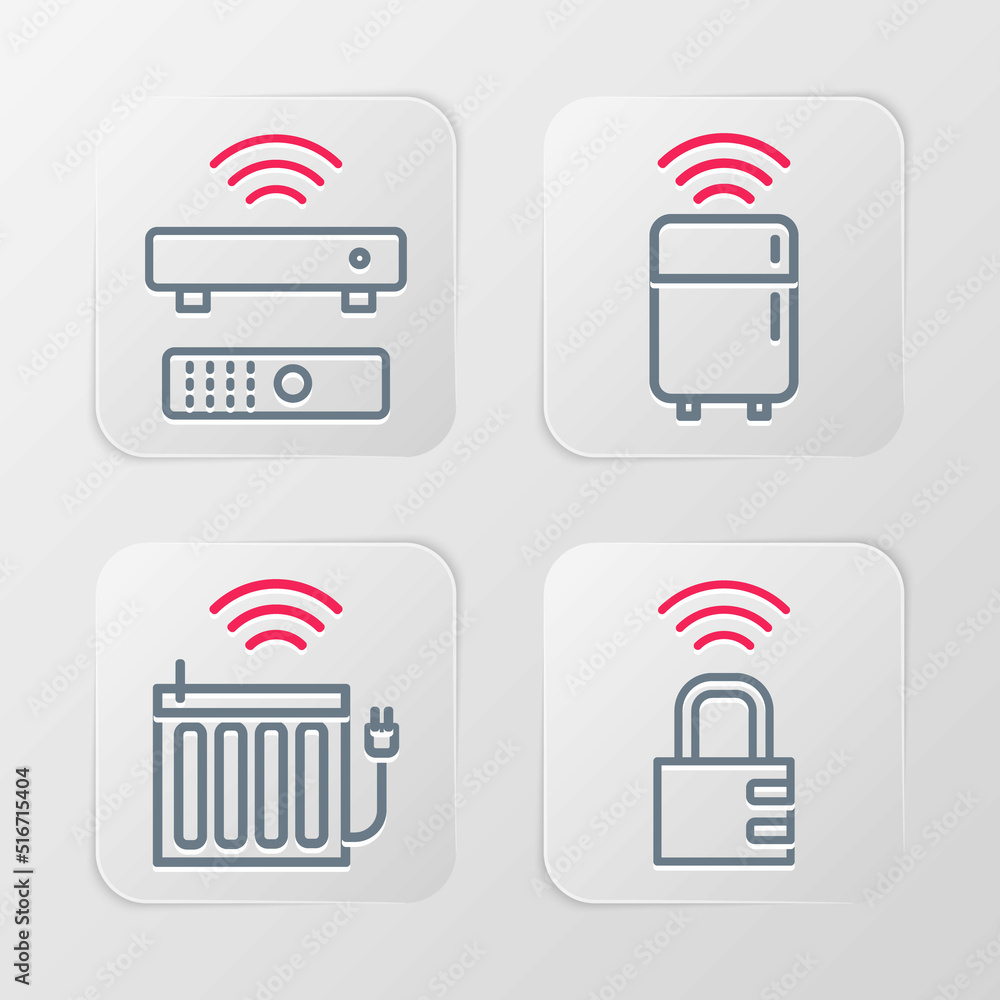Set line Smart safe combination lock, heating radiator, refrigerator and Wireless TV box receiver icon. Vector Set line Smart safe combination lock, heating radiator, refrigerator and Wireless TV box receiver icon. Vector
