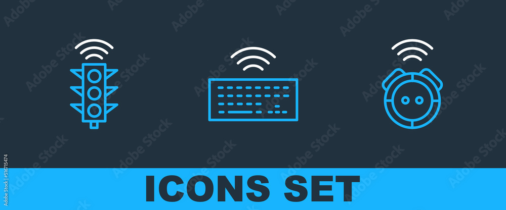 Set line Robot vacuum cleaner, Smart traffic light and Wireless keyboard icon. Vector Set line Robot vacuum cleaner, Smart traffic light and Wireless keyboard icon. Vector