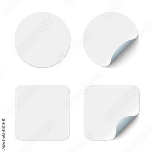 Blank square adhesive stickers mock up with curved corner. Mockup empty rectangular sticky label.