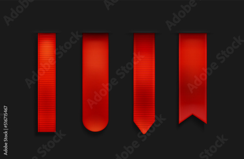Red bookmarks, ribbon, banner 3d mockup, blank book marks with rounded, pointed and straight edges. Vertical silk scarlet canvas, tags template, Realistic 3d vector icons isolated on black background