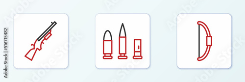 Set line Bow, Shotgun and Bullet and cartridge icon. Vector