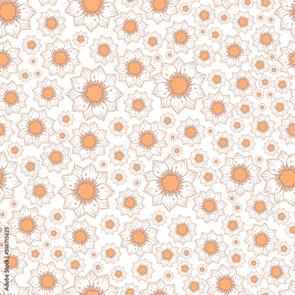 Seamless pattern with autumn white lined flowers in warm colors isolated on white background in flat cartoon style Seamless pattern with autumn white lined flowers in warm colors isolated on white background in flat cartoon style