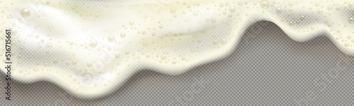 Yellow beer foam or soap suds isolated on transparent background. Vector realistic border of 3d dripping froth with bubbles. Splash of shampoo or detergent lather