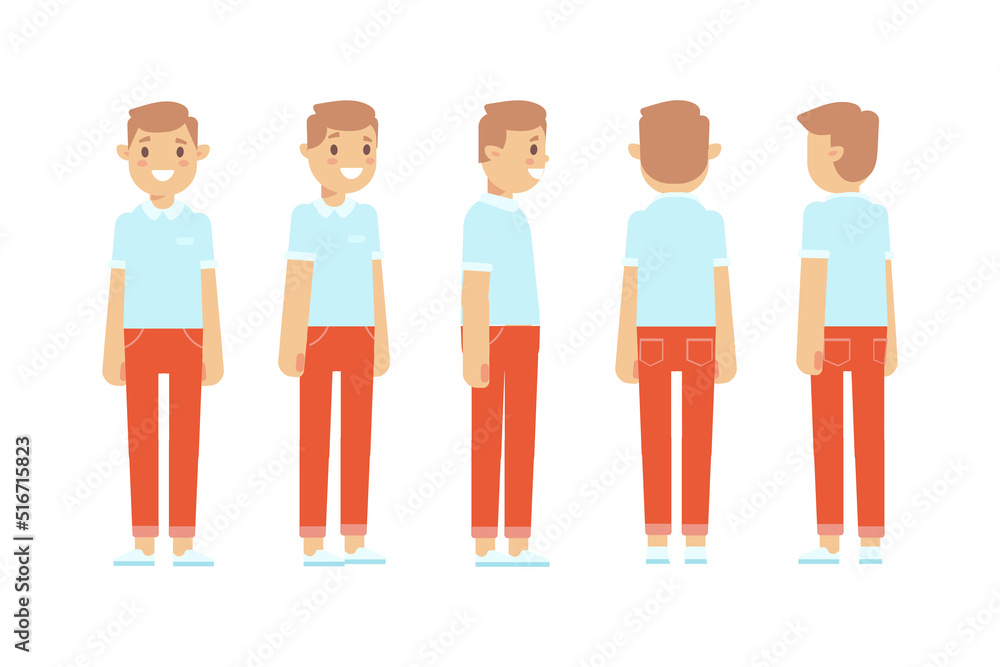 Man, male, guy front, side, back view flat vector character for animation. Man, male, guy front, side, back view flat vector character for animation.