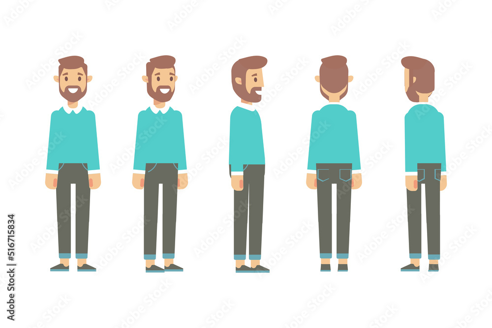 Man, male, guy  front, side, back view flat vector character for animation.