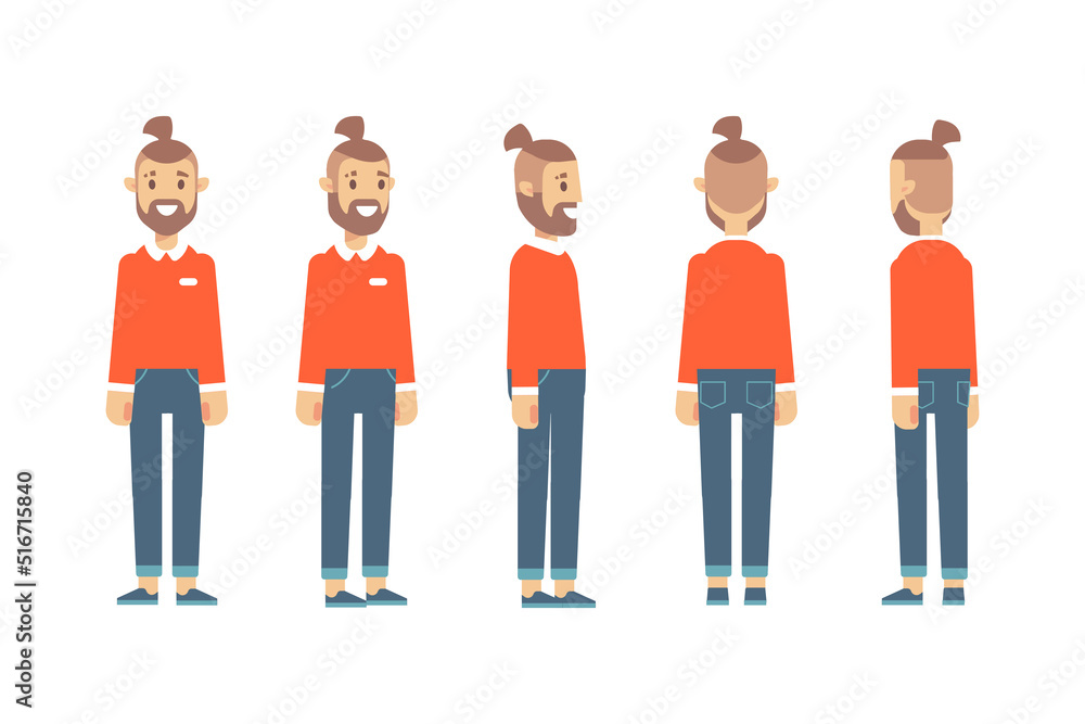Man, male, guy  front, side, back view flat vector character for animation.