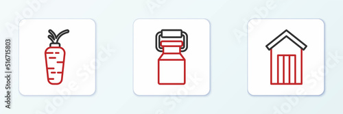Set line Wooden outdoor toilet, Carrot and Can container for milk icon. Vector
