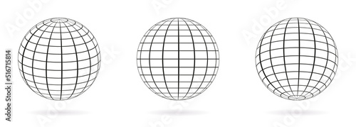 Wired Line 3D Planet Globe. Wireframe Globe Surface. Globe Grid Sphere Set. 3D Wire Global Earth Latitude, Longitude. Geometric Grid Globe. Round Grid Mesh Ball. Isolated Vector Illustration