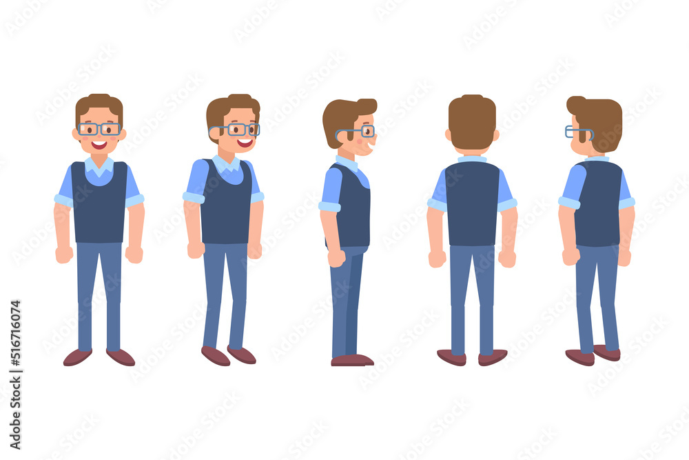 Man, male, guy front, side, back view flat vector character for animation. Man, male, guy front, side, back view flat vector character for animation.