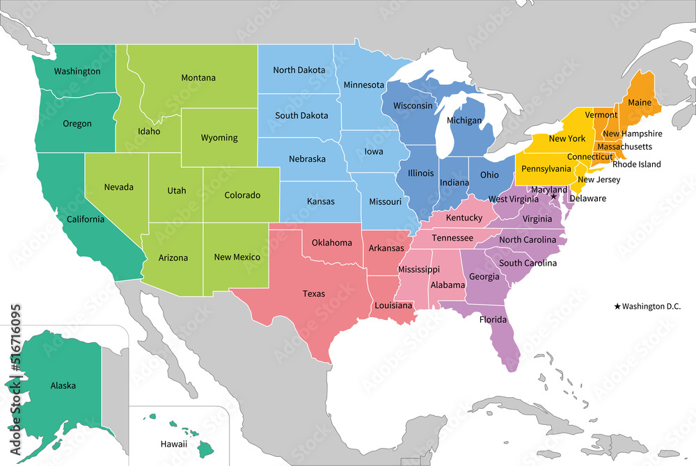 アメリカ合衆国の地図、9つの地区の色分け、英語の州名