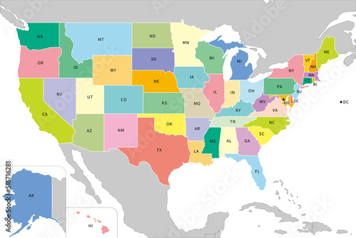 アメリカ合衆国の地図、全50州の略称入り