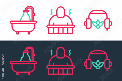 Set line Headphones for meditation, Bathtub and Sauna and spa procedures icon. Vector