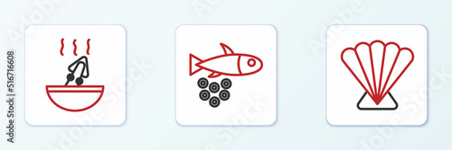 Set line Scallop sea shell, Soup with octopus and Fish caviar icon. Vector