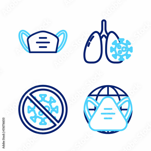 Set line Earth with medical mask, Stop virus, Virus cells in lung and Medical protective icon. Vector