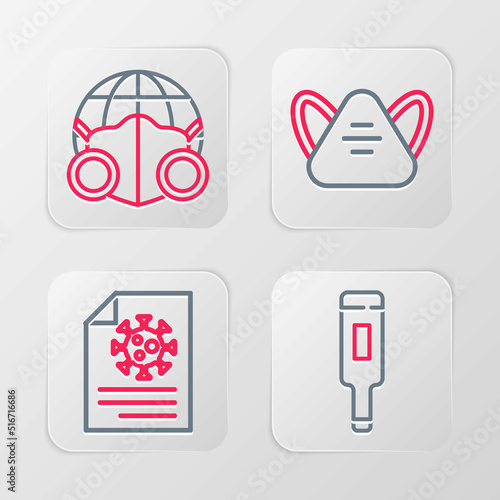 Set line Medical thermometer, Clipboard with blood test results, protective mask and Earth medical icon. Vector
