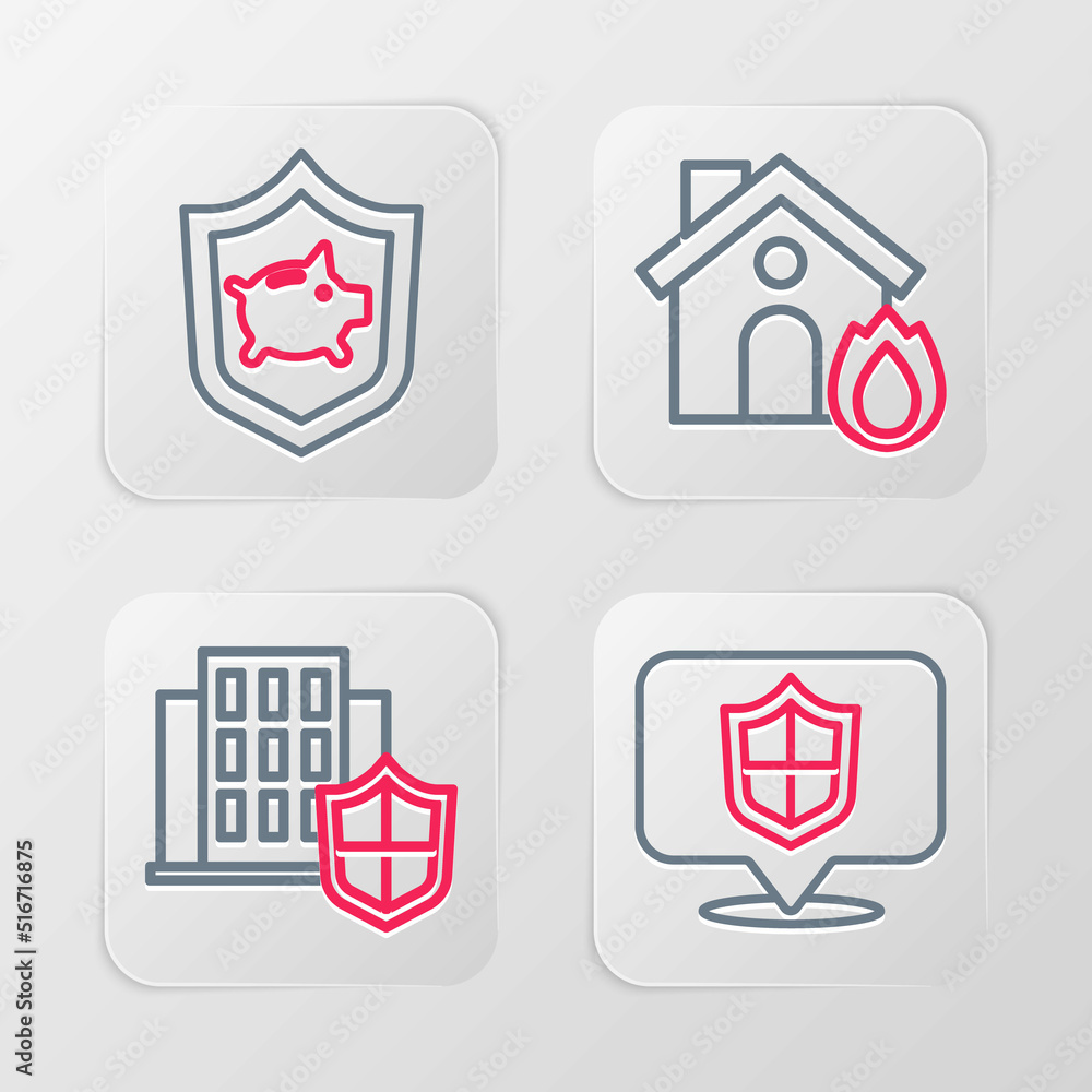 Set line Location shield, House with, Fire in burning house and Piggy bank icon. Vector Set line Location shield, House with, Fire in burning house and Piggy bank icon. Vector