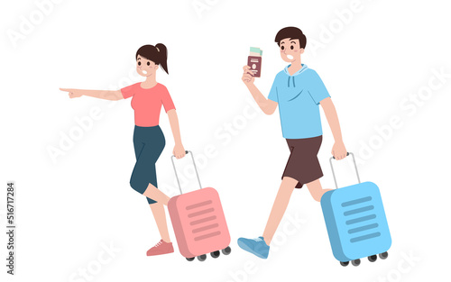 Group of young tourist characters. Traveling tourists with travel backpack going on vacation trip after covid-19 virus was diminish. Vacation people isolated vector. Summer character, woman and man.