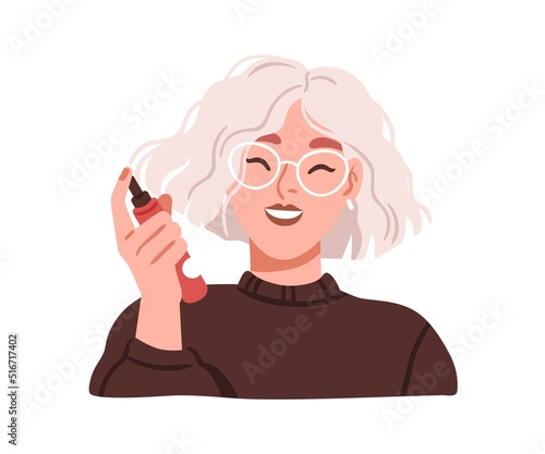 Woman applying hairspray on hair. Girl spraying haircare cosmetics. Treatment using dry shampoo, cosmetic product in bottle for volume, curls. Flat vector illustration isolated on white background