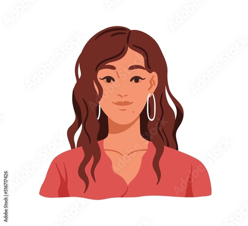 Young woman face portrait. Happy girl with fashion curly wavy hair styling, m...