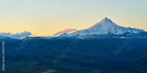 Sunset mountain panorama with Mount Jefferson in central Oregon in autumn season.