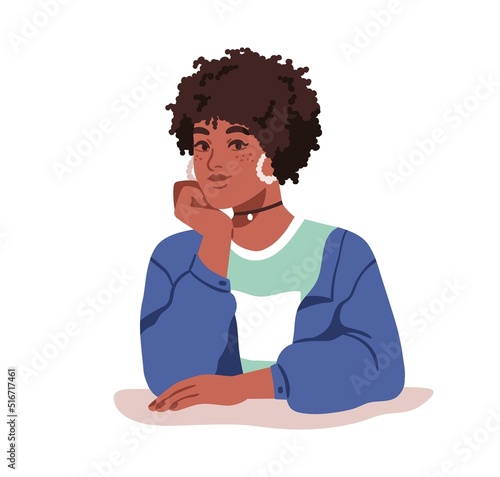 African-American woman portrait. Young girl with afro curls, kinky frizzy hair styling. Pretty female face with curly hairdo, hairstyle. Flat vector illustration isolated on white background
