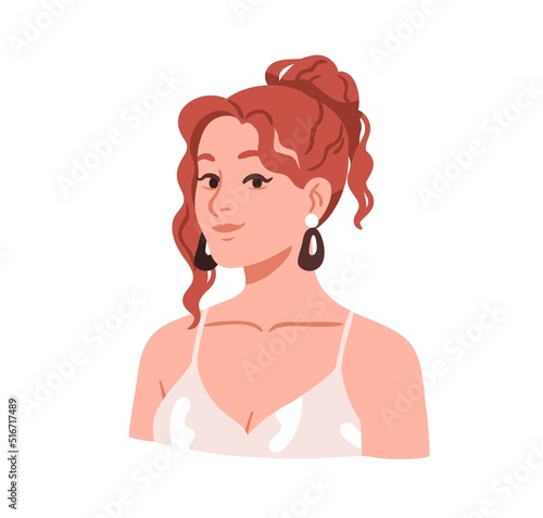 Young woman portrait. Happy girl with fashion curly wavy hairstyle for ginger hair. Pretty female with light curls, ponytail hairdo. Flat graphic vector illustration isolated on white background