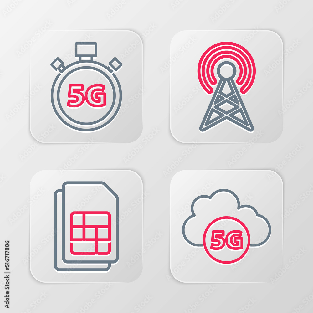 Set line Cloud 5G network, Sim card, Antenna and Digital speed meter icon. Vector Set line Cloud 5G network, Sim card, Antenna and Digital speed meter icon. Vector