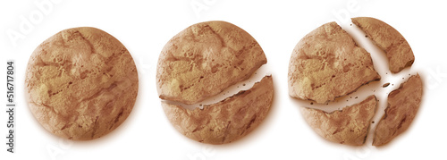 Oatmeal cookies top view, whole and cracked crumble biscuit snack isolated on white background. Homemade round crispy cakes, sweet bakery, cereal pastry, dessert Realistic 3d vector illustration