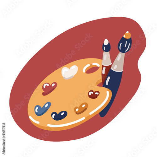 Vector illustration of Wooden artist's palette with samples of paints and brushes