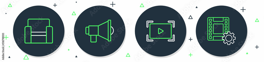 Set line Megaphone, Online play video, Cinema chair and Play Video icon. Vector Set line Megaphone, Online play video, Cinema chair and Play Video icon. Vector
