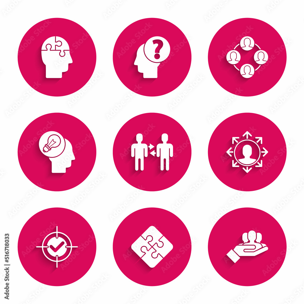 Set Project team base, Piece of puzzle, Target and check mark, Human head with lamp bulb, and puzzles strategy icon. Vector Set Project team base, Piece of puzzle, Target and check mark, Human head with lamp bulb, and puzzles strategy icon. Vector