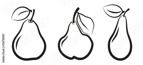 Vector Set of pears - three pear varieties - black art lines on white background images. Illustration isolated, easy to edit and ready to use icons. A collection in various drawings, paintings, pics.
