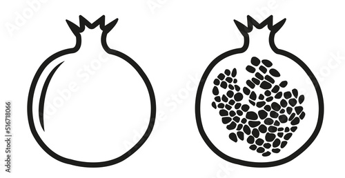 Vector Set of pomegranates - a black contour of fruit and a section on white background. Illustration isolated, easy to edit and ready to use icons. A collection in various drawings, paintings.