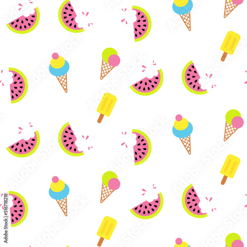 Summer Ice cream and watermelon seamless pattern. Summer juicy background design.