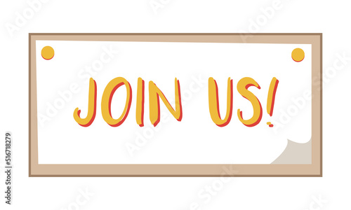 Join us badge semi flat color vector element. Full sized decor on white. Volunteer program promotion. Looking for opportunities. Simple cartoon style illustration for web graphic design and animation