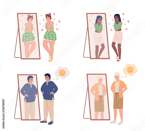 People with good self esteem semi flat color vector characters set. Editable figure. Full body people on white. Self love simple cartoon style illustration for web graphic design and animation pack