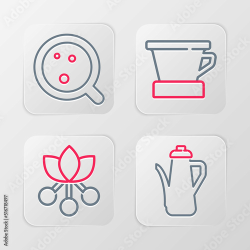 Set line Teapot  Coffee bean  branch  V60 coffee maker and cup icon. Vector