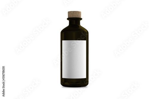 Black glass bottle mockup for alcohol tincture, balm, whiskey, cognac, isolated on white background. 3D rendering, Mock up for your design.